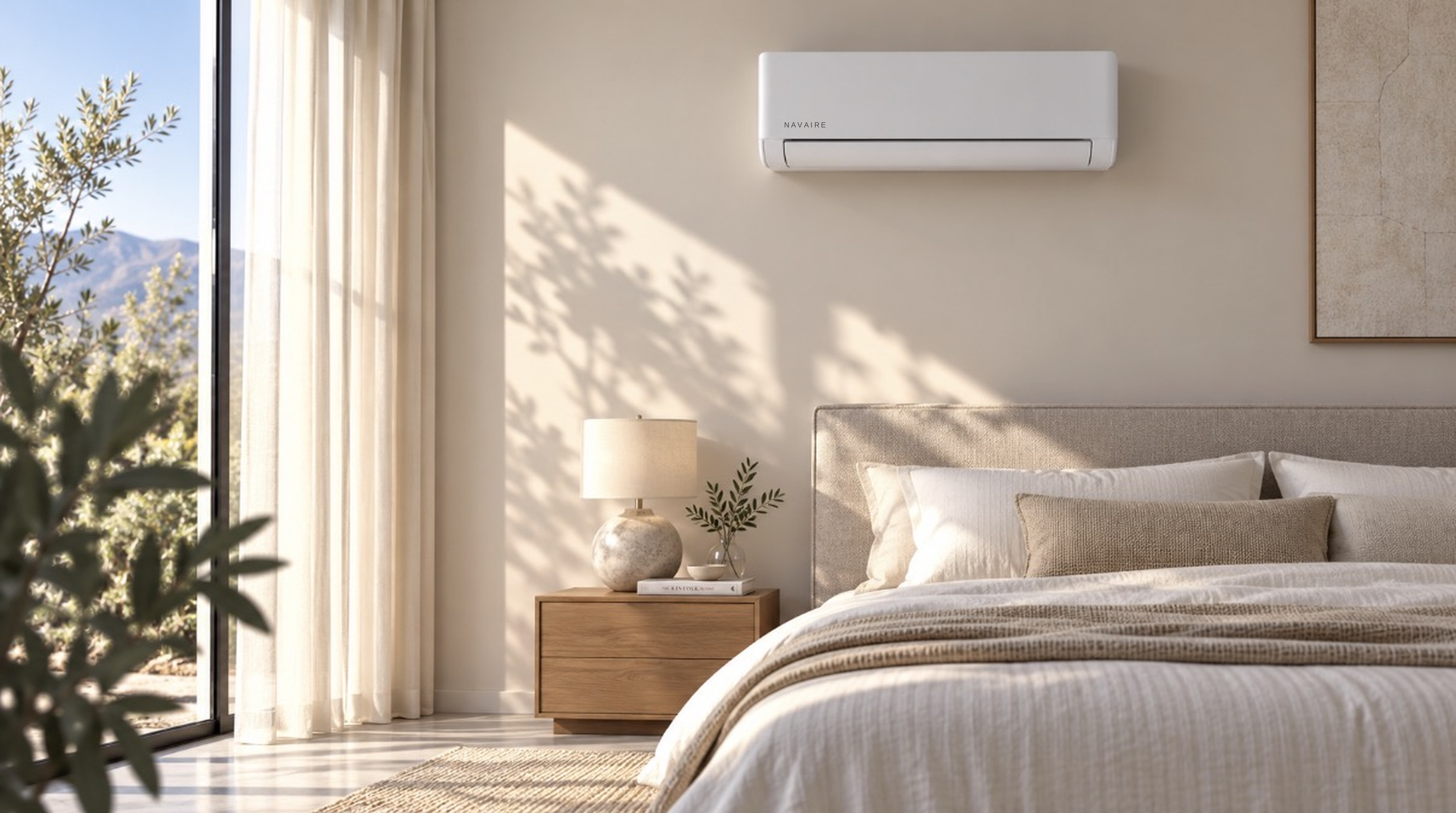 NAVAIRE wall-mounted air conditioning unit in a calm, sunlit bedroom