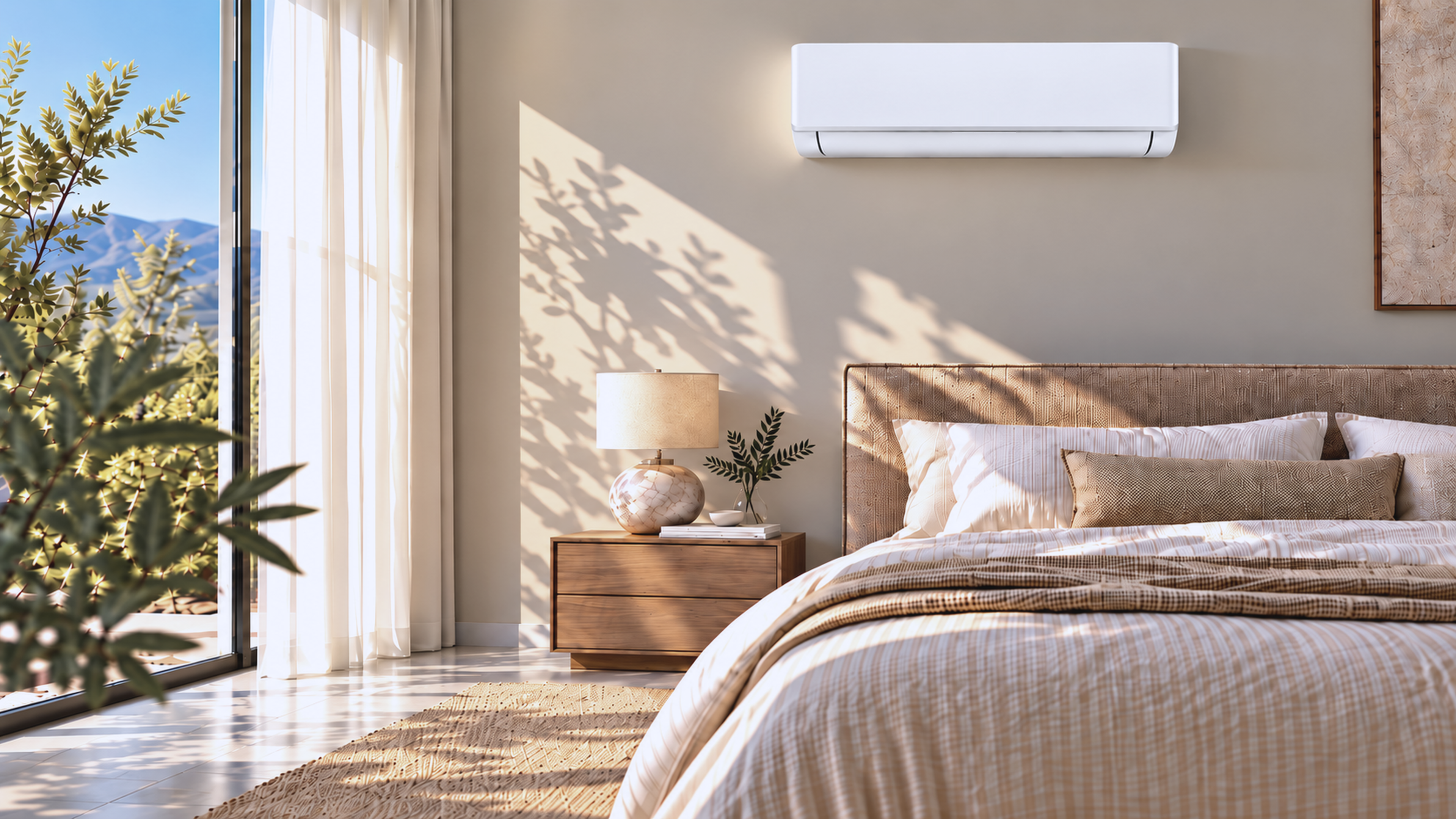 NAVAIRE wall-mounted air conditioning unit in a calm, sunlit bedroom